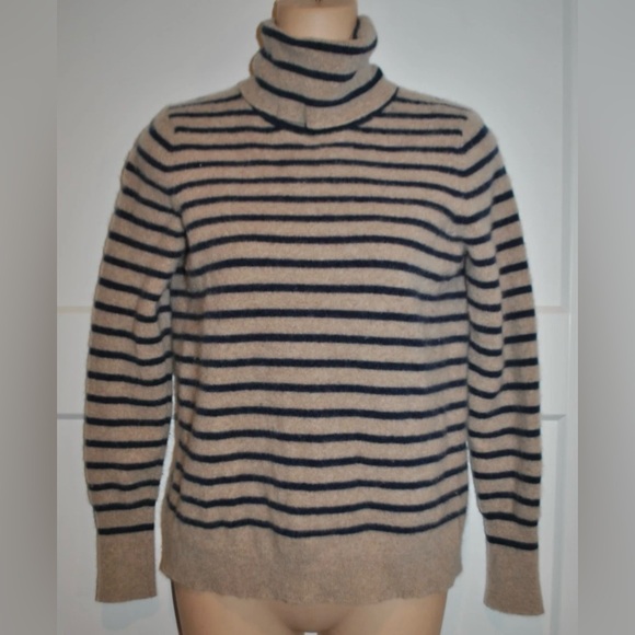 WHITE + WARREN 100% Cashmere Tan/Navy Striped Soft Turtleneck Sweater S/M - Picture 1 of 4